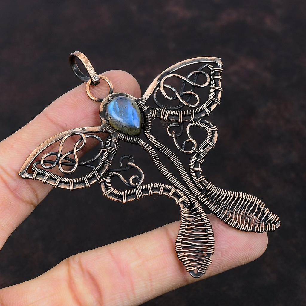 Подвеска из лабрадорита, подвеска из медной проволоки, подвеска ручной работы, медные украшения, подвеска из драгоценных камней в виде бабочки, ювелирные изделия в виде проволоки, подарок для нее