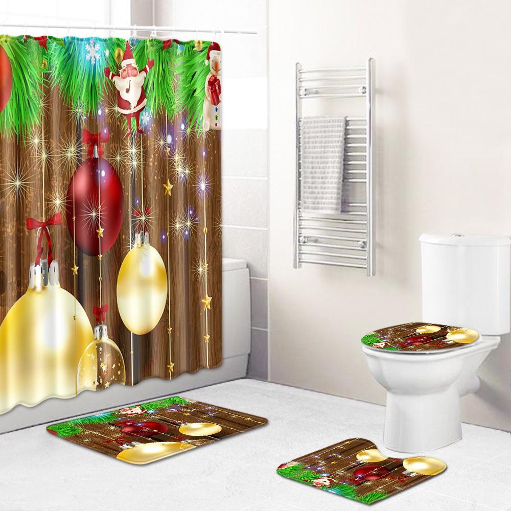 Christmas Shower Curtain Floor Mat Combination Four-Piece Set Bathroom Toilet Carpet Shower Room Mat Foot Mat