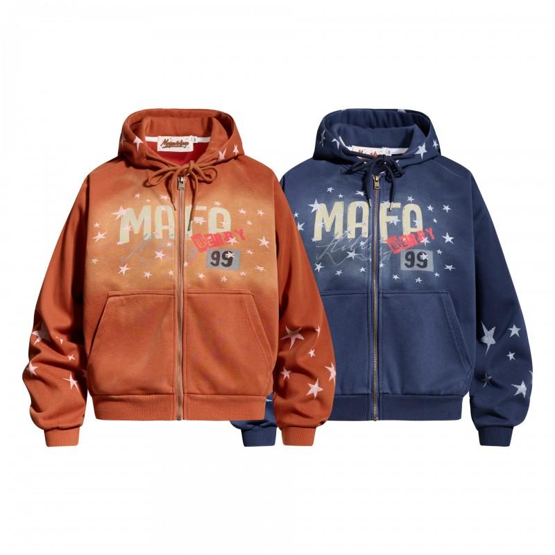 Mens Oversized Hooded Zip-Up Sweatshirt With Star Print Cotton Streetwear Pullover Casual Wear