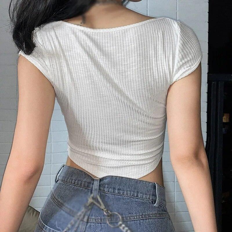 Женская повседневная тонкая футболка с квадратным воротником и короткими рукавами, топ с открытым пупком