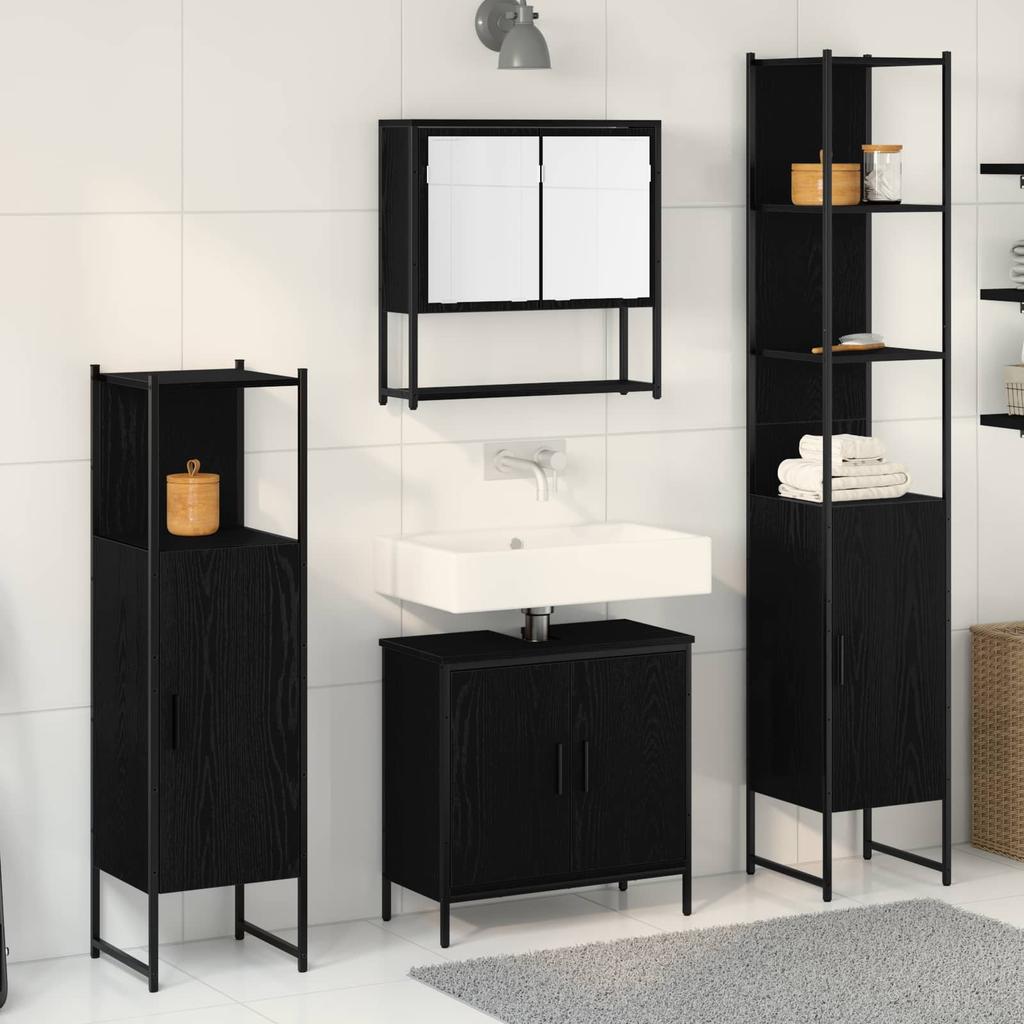 Bathroom Furniture Set with Shelf 4 pcs Black Engineered Wood