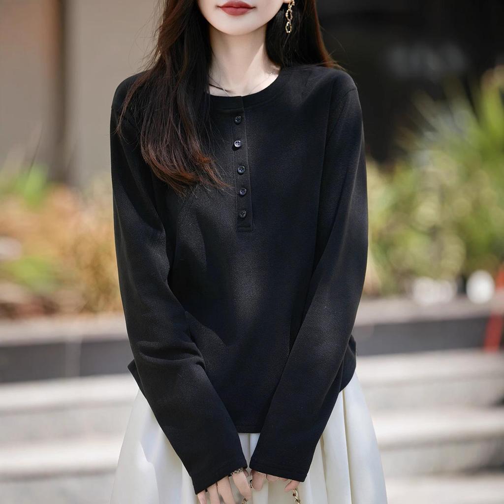 Женский трикотажный топ с длинными рукавами и плиссировкой высокого класса - Круглый вырез, Модный и удобный для осени/зимы