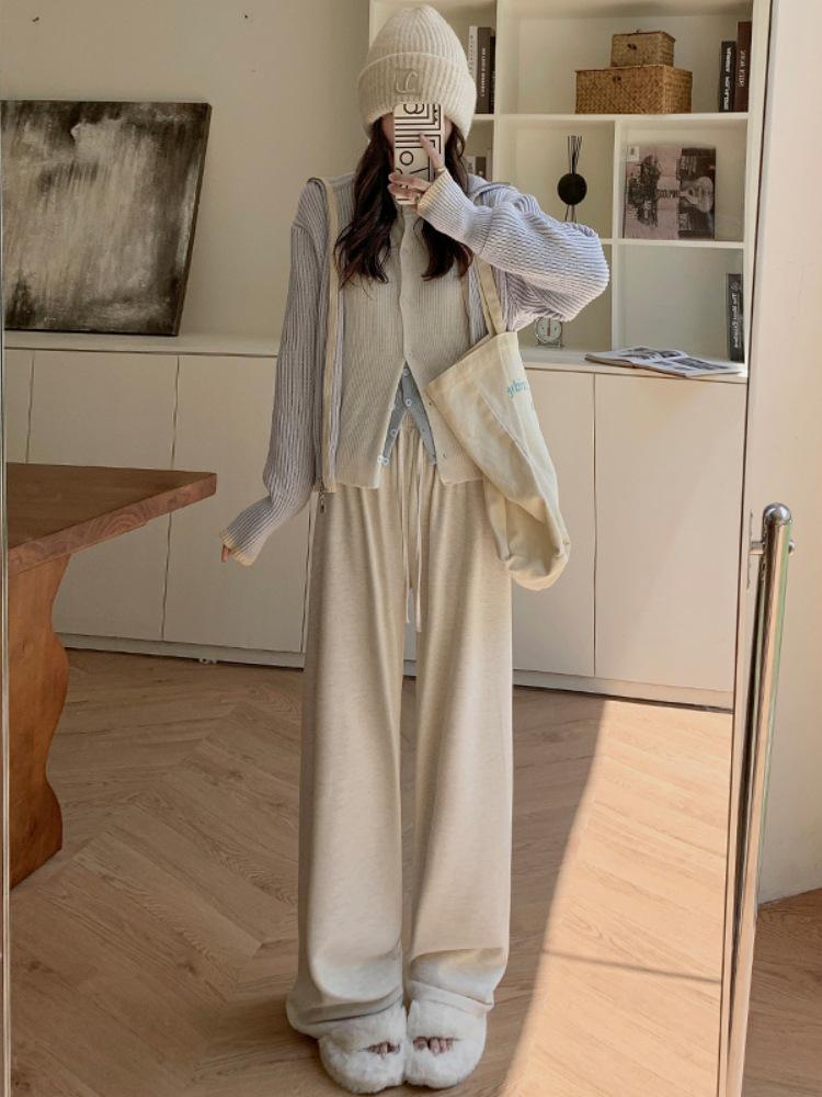 Женские темно-серые мягкие широкие брюки из клейкого риса - Весна/Осень Плюс бархат Теплые Повседневные Маленькие Длинные брюки.