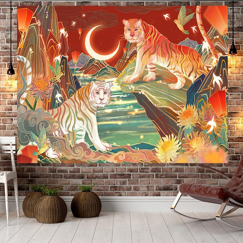 Большой гобелен в китайском стиле в стиле тигра, настенный гобелен с геометрическим рисунком, гобелен в стиле хиппи, домашний декор, эстетическое украшение