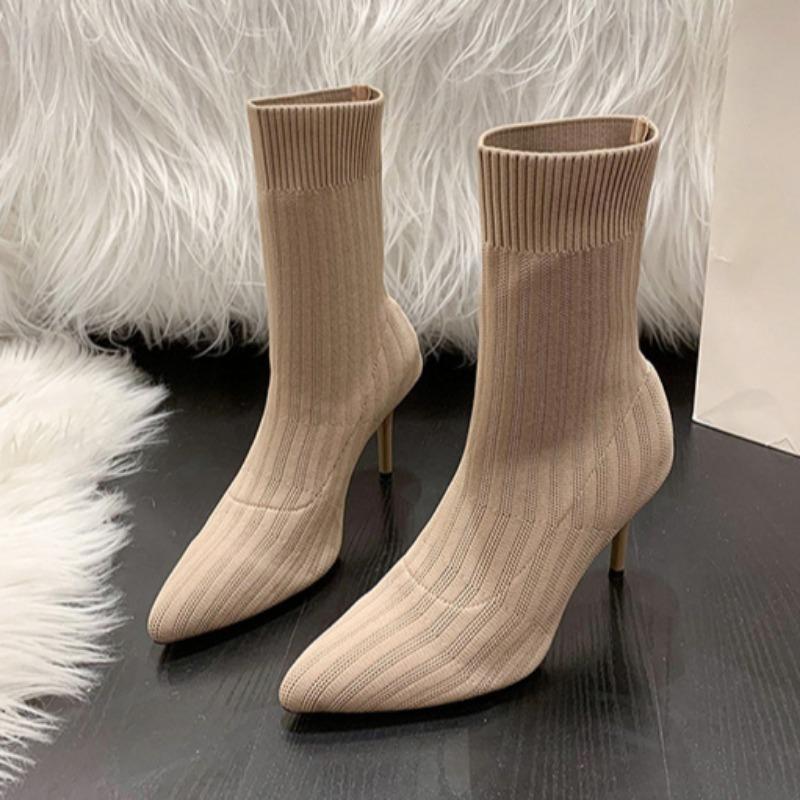 Новые женские осенние вязаные эластичные короткие сапоги на толстом каблуке