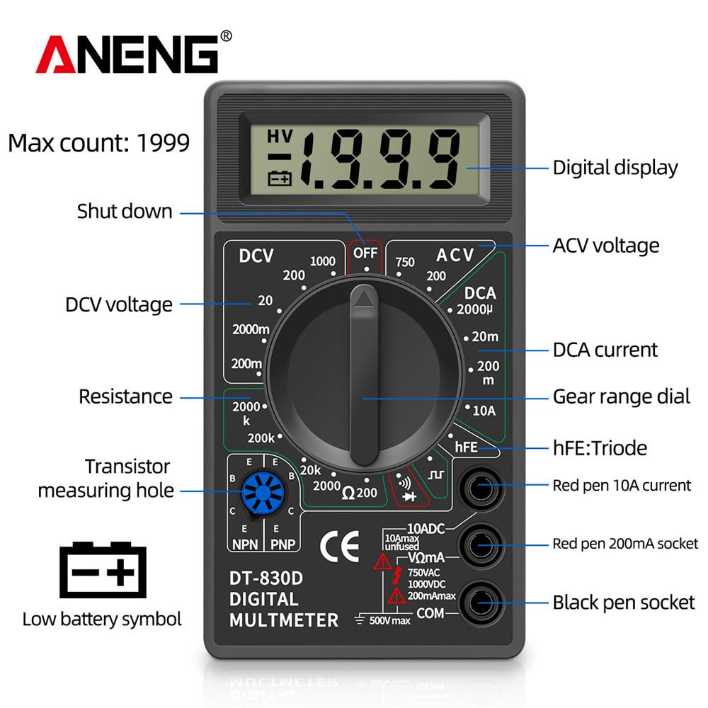 Aneng DT830D мини-цифровой мультиметр, вольтметр, тестер напряжения, ампер-ома, амперметр постоянного тока и переменного тока, измеритель мощности с зондом, зуммером