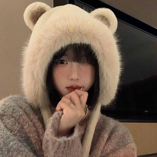 Women Plush Hat with Cute Bear Ears Soft Fuzzy Warm Thick Lace-up Windproof Strap Autumn Winter Outdoor Cycling Girls Ear Protection Cap Gift Choice