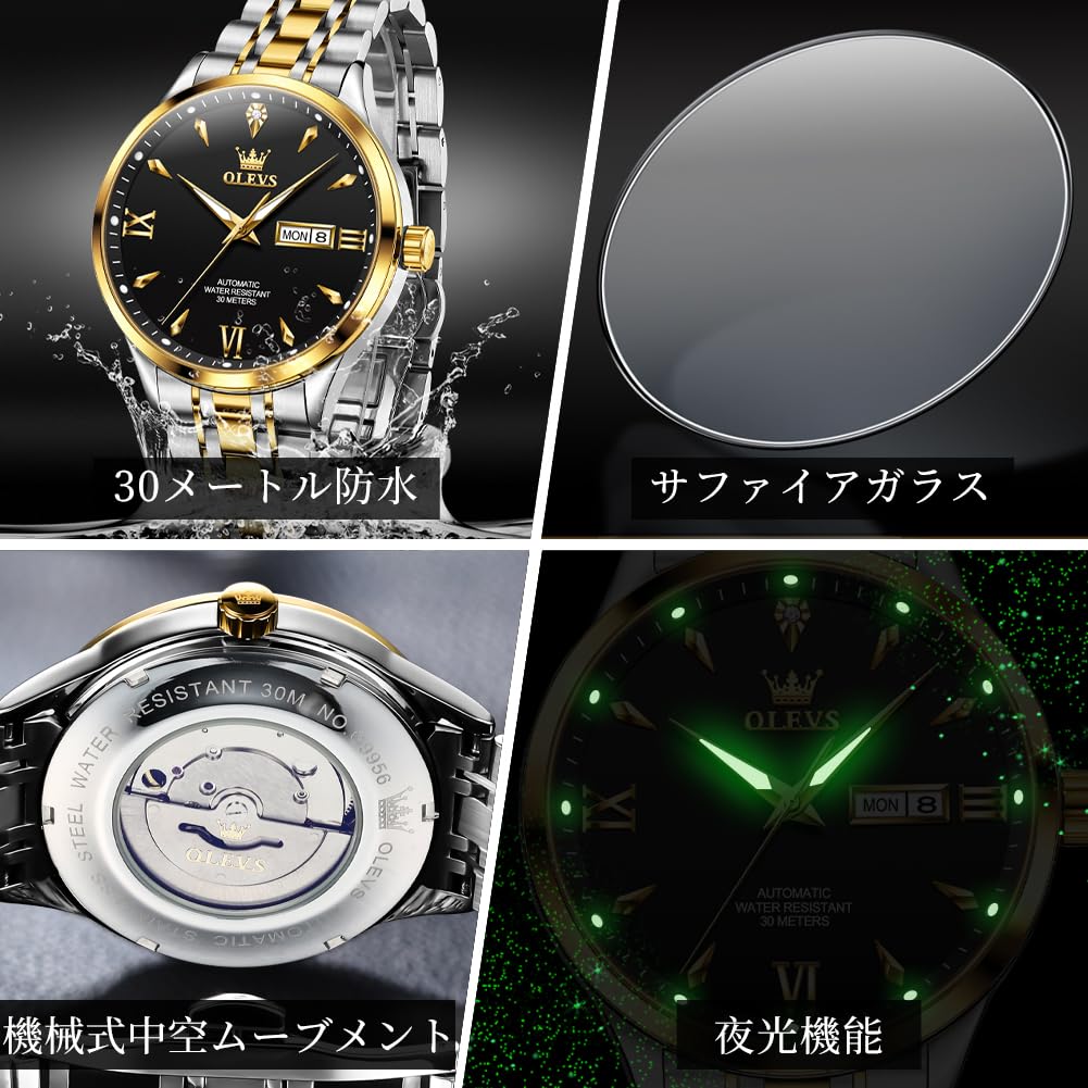 OLEVS механические наручные часы с автоматическим ручным заводом, водонепроницаемые, с подсветкой, дата, нержавеющая сталь, подарочные часы для мужчин, черные, для отца
