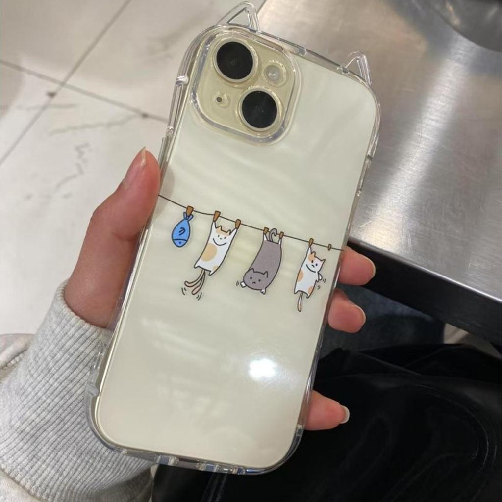 Transparent Cat Ears with Hanging Chain for Apple Shell Transparent Mobile Phone Case Air Bag Anti-fall Mobile Phone Protective Cover Cute Women