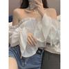 Pure Desire Slash Neck Women Blouse Fold Agaric Edge Slim Elastic Waist High Waist Navel Exposed White Cropped Top Hotsweet