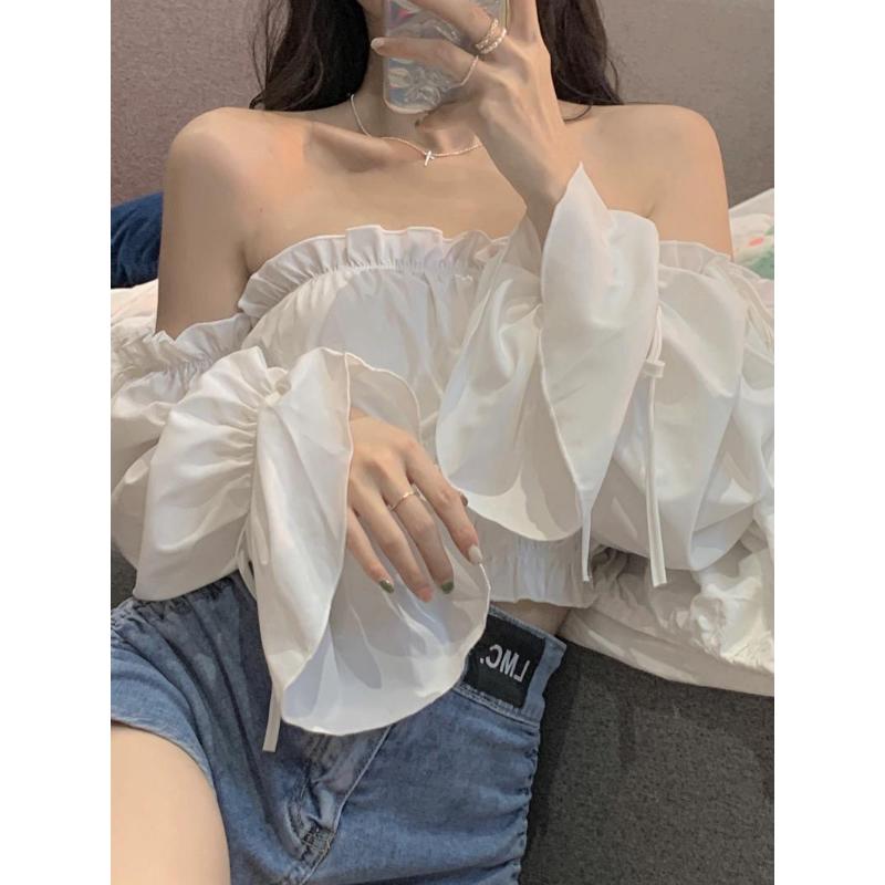 Pure Desire Slash Neck Women Blouse Fold Agaric Edge Slim Elastic Waist High Waist Navel Exposed White Cropped Top Hotsweet