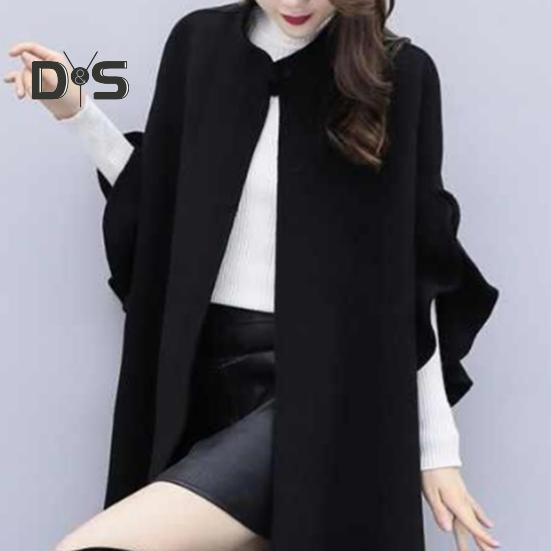 Женское зимнее пальто с рукавами-лепестками, воротником-стойкой, накидкой-трапецией, кардиганом средней длины с открытыми стежкам, шерстяным пальто для улицы, пончо