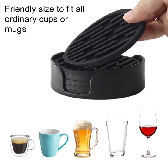 6Pcs Silicone Coasters Set with Holder Non-Slip Cup Mat Drinks Desk Home Decor Tabletop Protection Round Hot Cold Drink Coasters for Wood Glass