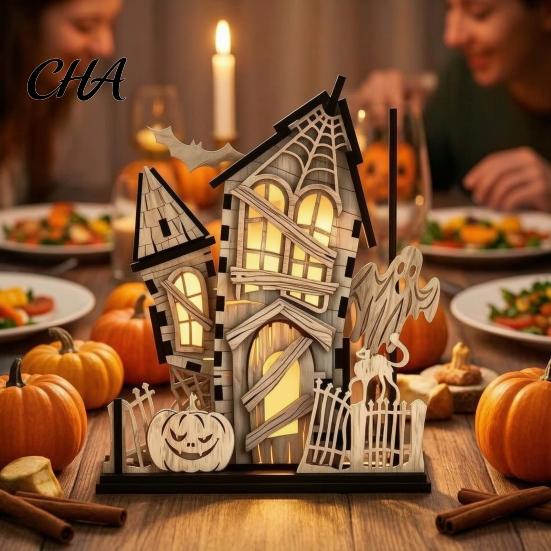 Decorative Wood Accents for Halloween 3D Village Haunted House Figurine, Spooky Light Up Wooden Castle Ornament Exquisite Three Dimensional Craft with