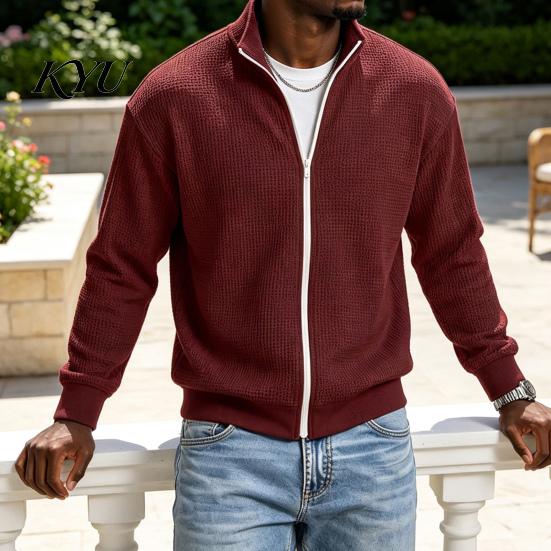 Men's Suede Bomber Jacket Waffle Knit Zip Up Jacket, Long Sleeve Laydown Collar Breathable Spandex Blend Blazer Casual Cardigan Sweatshirt,