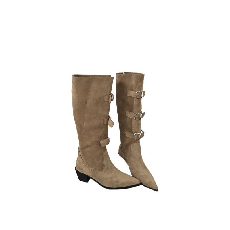 Осень-зима 2025 ретро пряжка ремня рыцарские сапоги европейские и американские модные сапоги остроносые сапоги на толстом высоком каблуке высокие сапоги женские