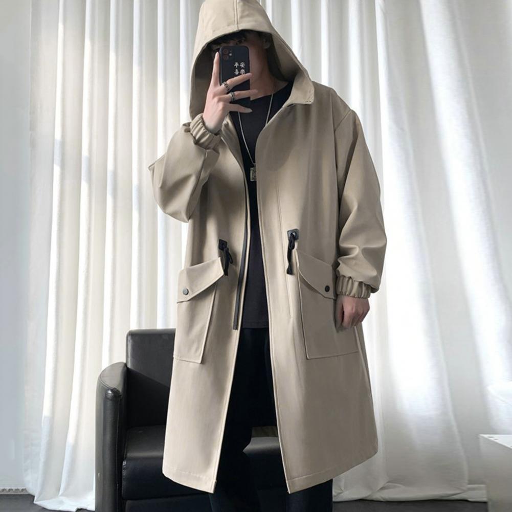 Men Trench Coat Hooded Loose Mid Length Big Pockets Long Sleeve Windproof Solid Color Zipper Closure Anti-wrinkle Elastic Cuff S