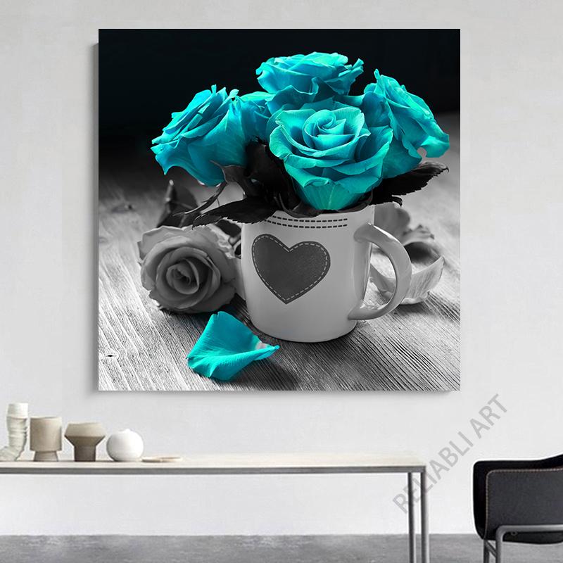 Винтажные бирюзовые настенные художественные розы, печать на холсте, фотографии, романтические постеры о любви для спальни, декора гостиной, Cuadros