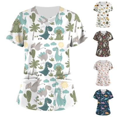 Плюс размер, милая рабочая форма с принтом, топы для женщин, забавные футболки с перекрестным v-образным вырезом и короткими рукавами, рабочая одежда, футболка с карманами