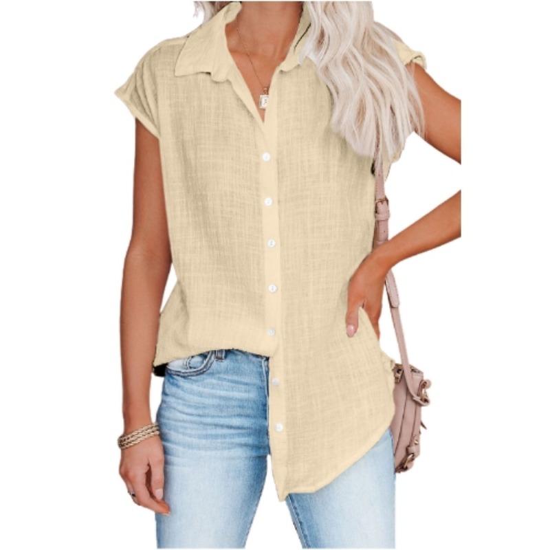 Летняя женская однобортная рубашка однотонного цвета, женская повседневная блузка с коротким рукавом и лацканами
