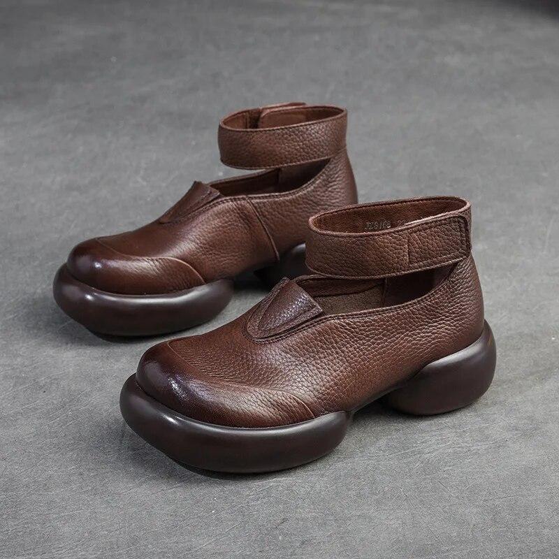 Genuine Leather Round Toe Thick Sole Pumps Casual Comfortable Hook & Loop Women's Shoes