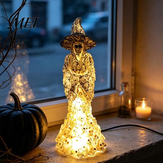 Small Desk Lamp for Dorm Skeleton Witch Resin Figurine, LED Light Up Gothic Statue, Spooky Bohemian Style Home Accents Dark Fantasy Ornament