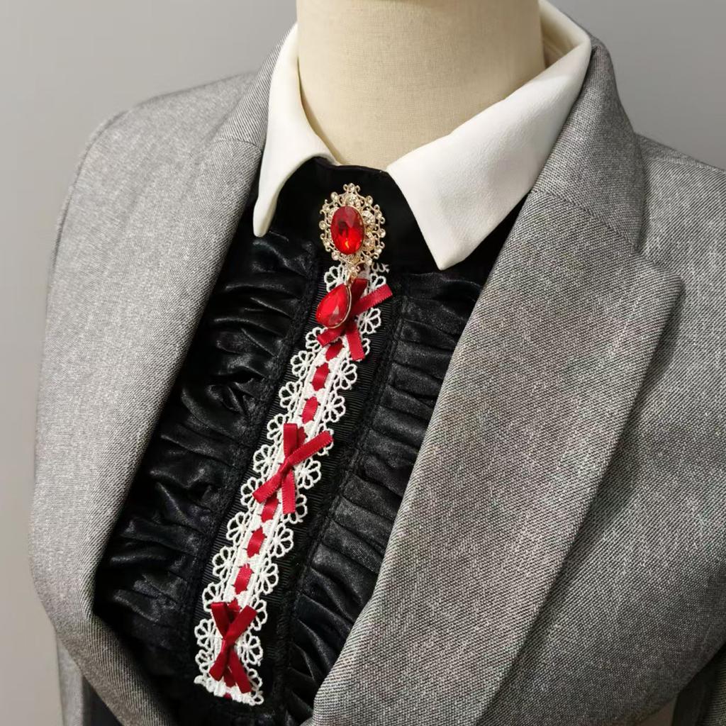 Victorians Colonial Ruffle Satins Jabot False Collar Crystal Necktie Medieval Costume Shirt Front Detachable Neck Collar