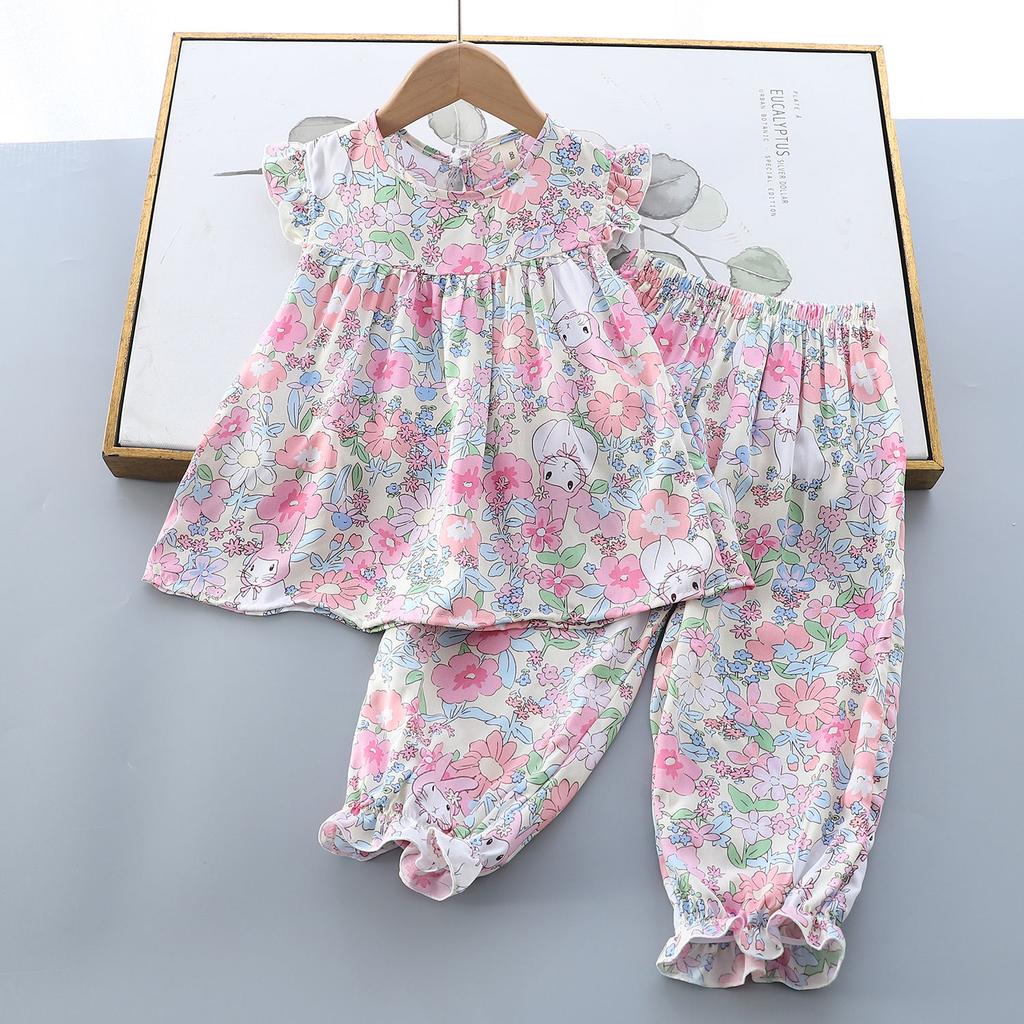 Girls' Summer Flying Sleeve Seven Part Pants Set Children's Two-piece Set Baby Pajamas