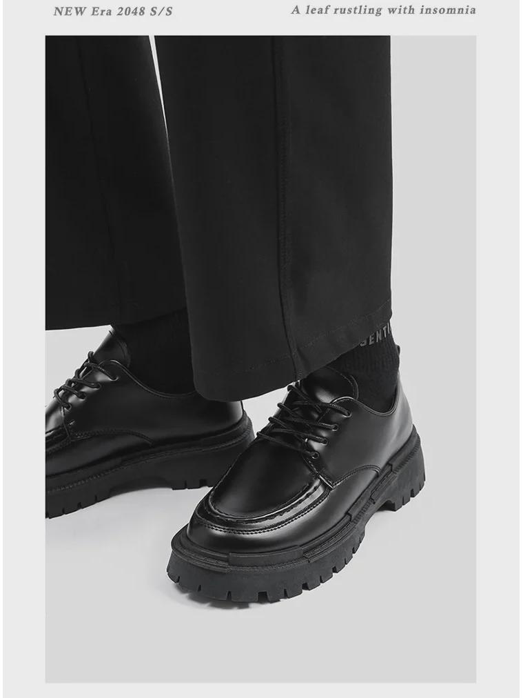 Мужские повседневные черные кожаные туфли - осенний британский стиль, толстая подошва, утонченный дизайн, модная обувь для колледжа