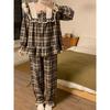 Кружевной домашний мягкий свободный клетчатый британский стиль милый длинный рукав пижамный комплект женский девичий принцесса весенний элегантный повседневный пижамный комплект