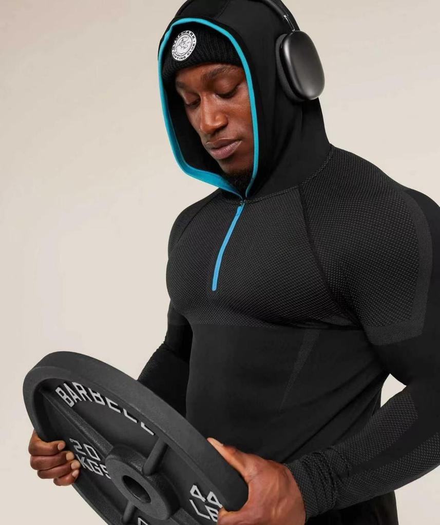 Мужская фитнес-футболка с длинным рукавом и капюшоном GYMSHARK Onyx с высокой эластичностью