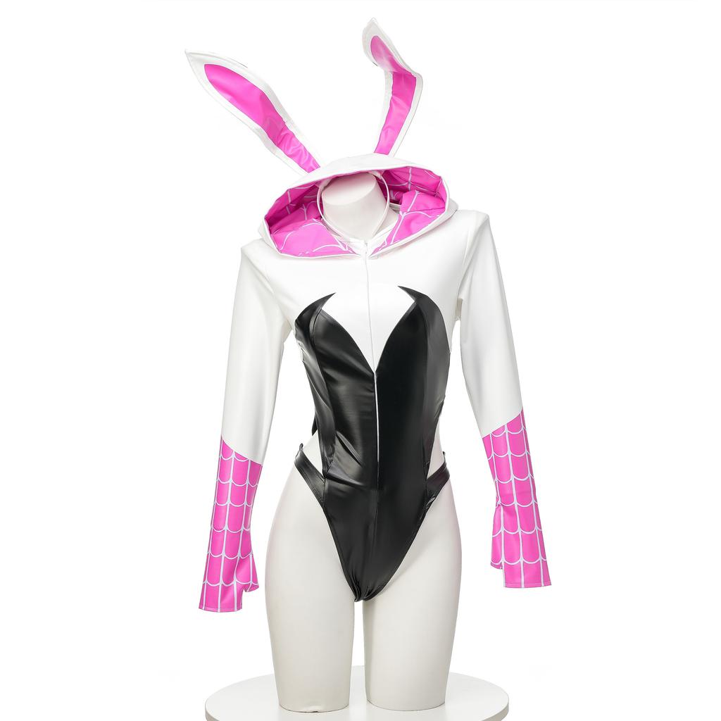 Anime Spider Gwen Women Bunny Hooded Jumpsuit Movie Comic Role Play Long Sleeve Leather Bodysuit Cosplay Costume