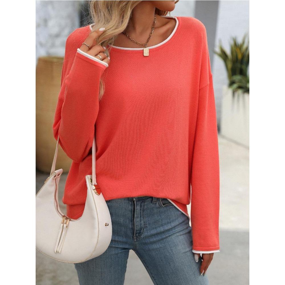 Autumn Casual Contrasting Color Pullover Knitted Top 2024 New Women's Clothing Round Neck Long Sleeved Sweater