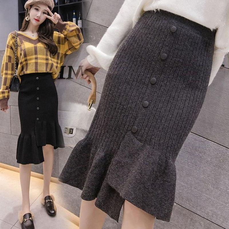Thick Core Yarn Knitted Skirt Irregular Half Skirt Autumn and Winter High Waisted Hip Hugging Skirt Women's Ruffled Fish Tail Skirt