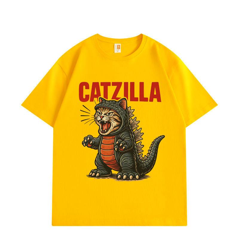 Catzilla Забавные Кошачьи Мемы Графические Футболки Харадзюку Японский Стиль Футболки с Коротким Рукавом Модные Мультяшные Оверсайз Футболки