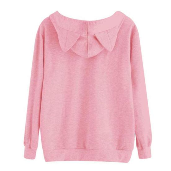 Women Fall Winter Hoodie with Big Pocket Cat Ear Decor Kitty Printing Hooded Full Sleeves Loose Pullover Home School Sport Top