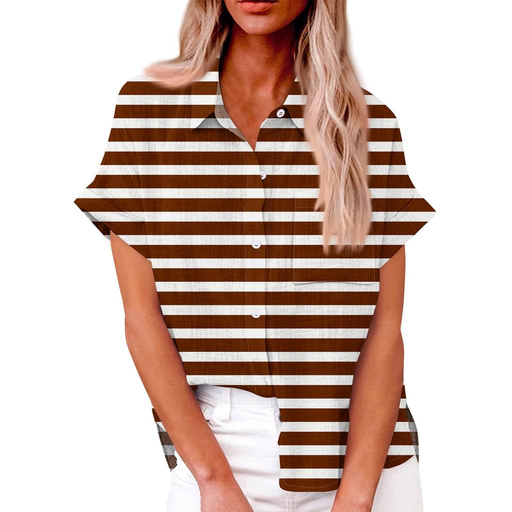 Женская свободная повседневная рубашка с короткими рукавами и отворотом с цифровым принтом и карманом