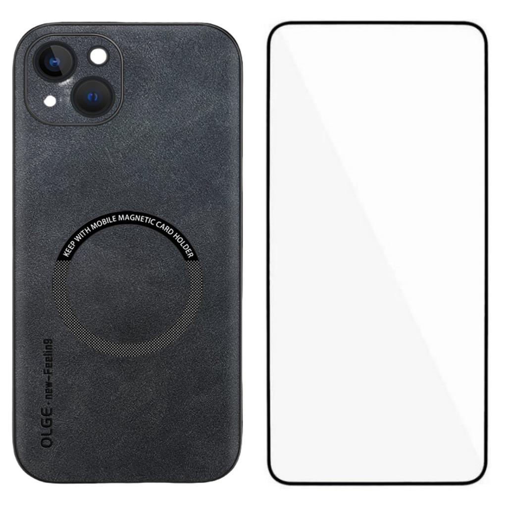 For iPhone 14 Magnetic Case with Tempered Glass Film PU Leather+TPU Phone Cover Precise Cutouts