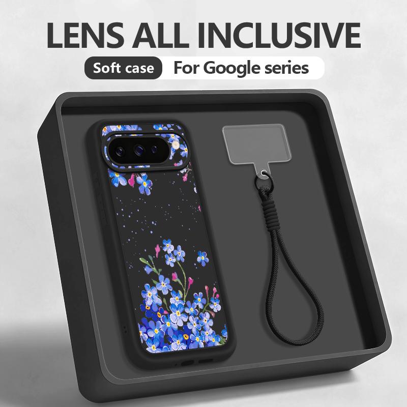Blue Lily Flower Pattern Phone Case For Google Pixel 10 9 8 7 Pro Pixel 9 10 Pro XL 7A 8A 9A Shockproof TPU Soft Lanyard Cover
