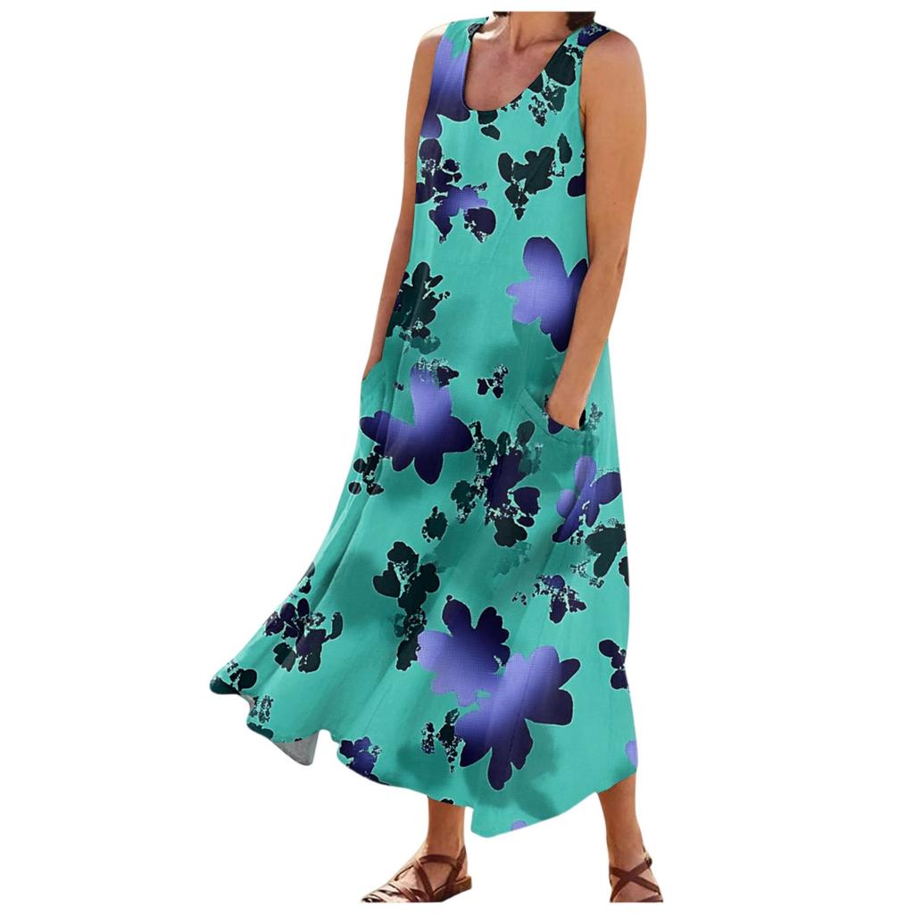Женские модные летние повседневные платья без рукавов с цветочным принтом и маленькими карманами