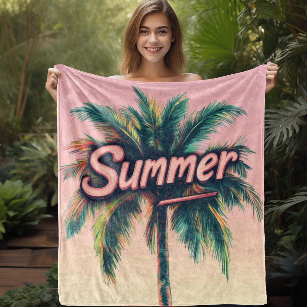 1pc Sdoo Flannel Blanket - Tropical Palm Tree Summer Beach Throw in Pastel Pink, Soft Cozy All-Season Blanket for Couch, Bed, Tr