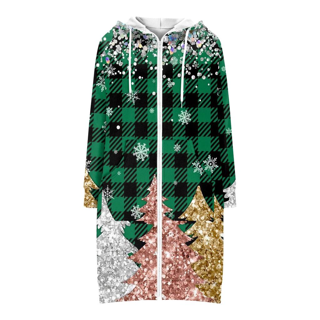 Женская модная рождественская толстовка с длинными рукавами, капюшоном на кулиске, карманом на молнии, длинная, повседневная