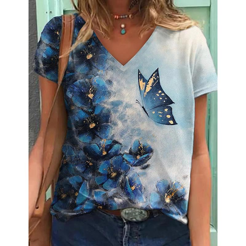 Летняя мода Цветочные бабочки 3D принт футболка женская уличная одежда повседневные футболки Y2k топы женские футболки с V-образным вырезом свободные размеры одежда