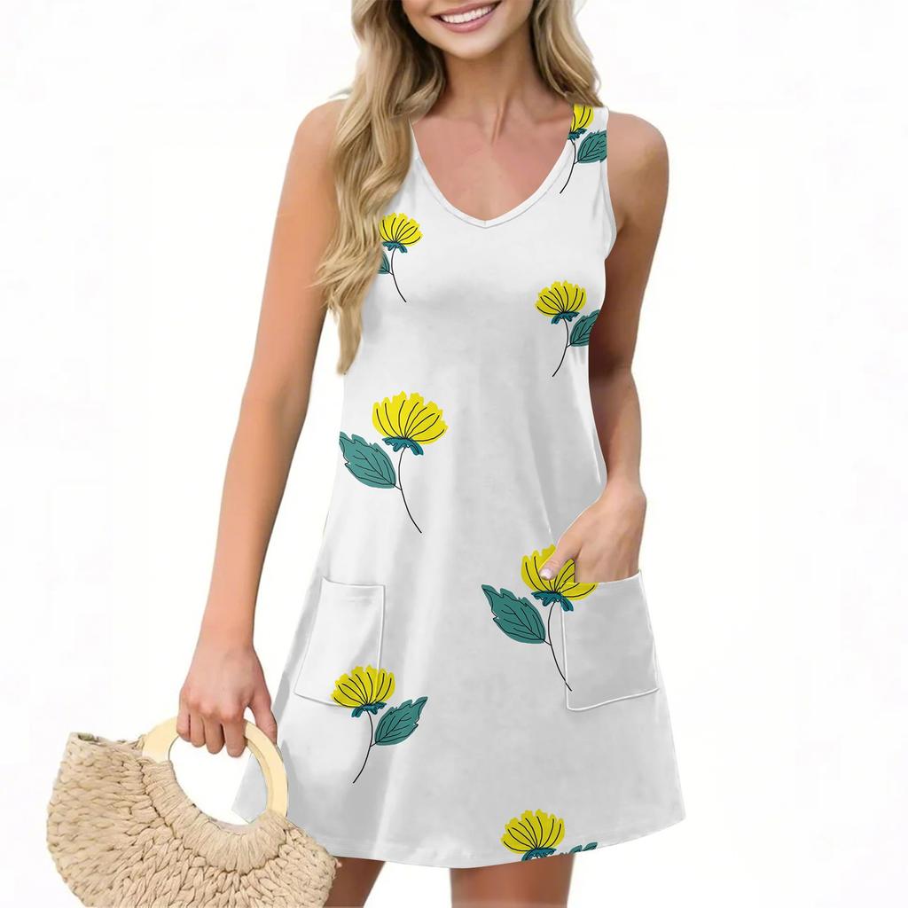 Женское повседневное летнее платье-жилет с карманами, цветочным принтом, V-образным вырезом, без рукавов