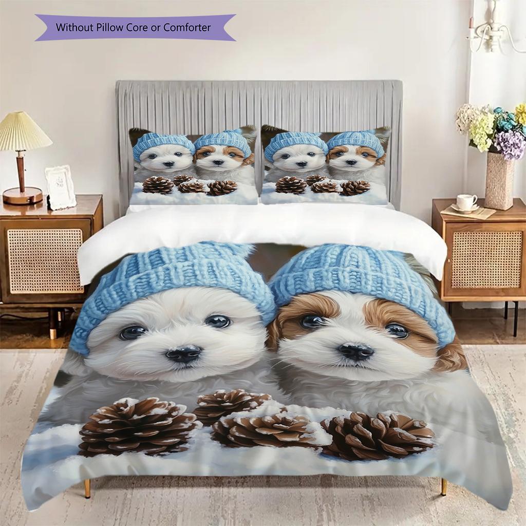 Puppy Pattern Bedding Quilt Set Quilt Cover Pillowcase Home Decoration Birthday Gift (1 * duvet cover + 2 * pillowcase, without core)