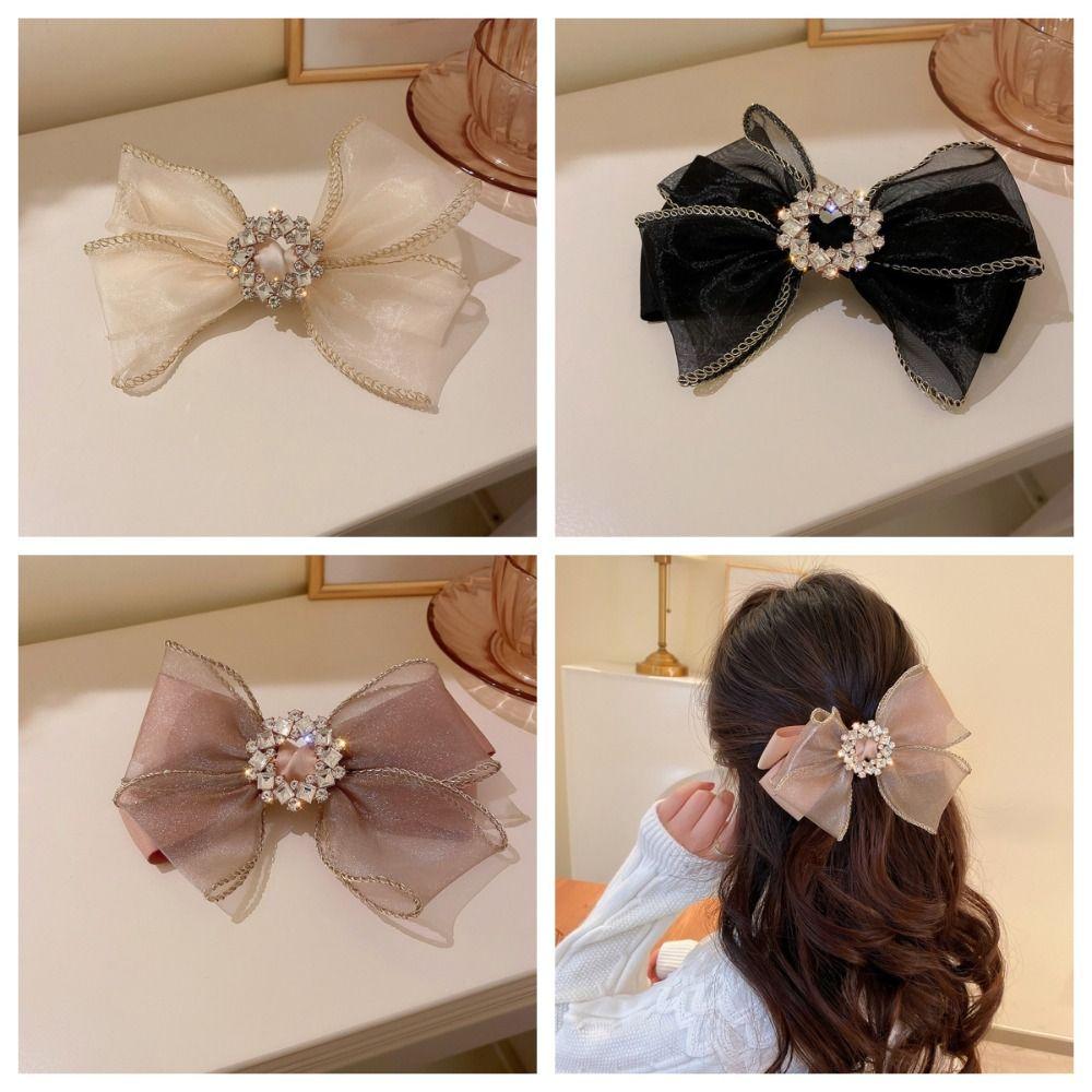Korean Style Bow Hair Clip Large Size Crystal Hair Clip French Mesh Hair Clip Lady