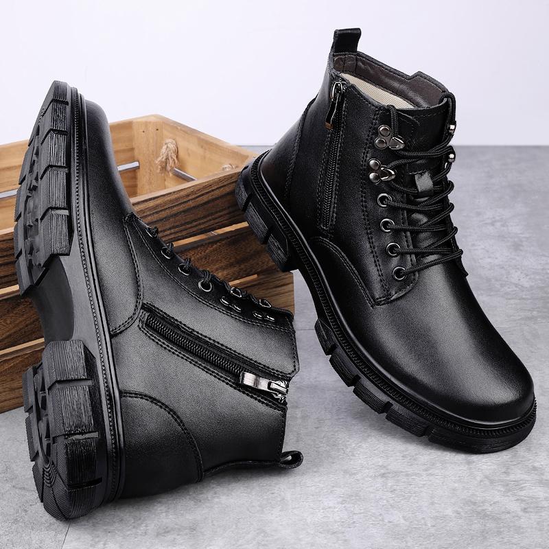Боковая молния мужская обувь для ходьбы на открытом воздухе осень-зима высокие ботинки усиленные универсальные повседневные теплые плюшевые меховые мотоциклетные ботинки