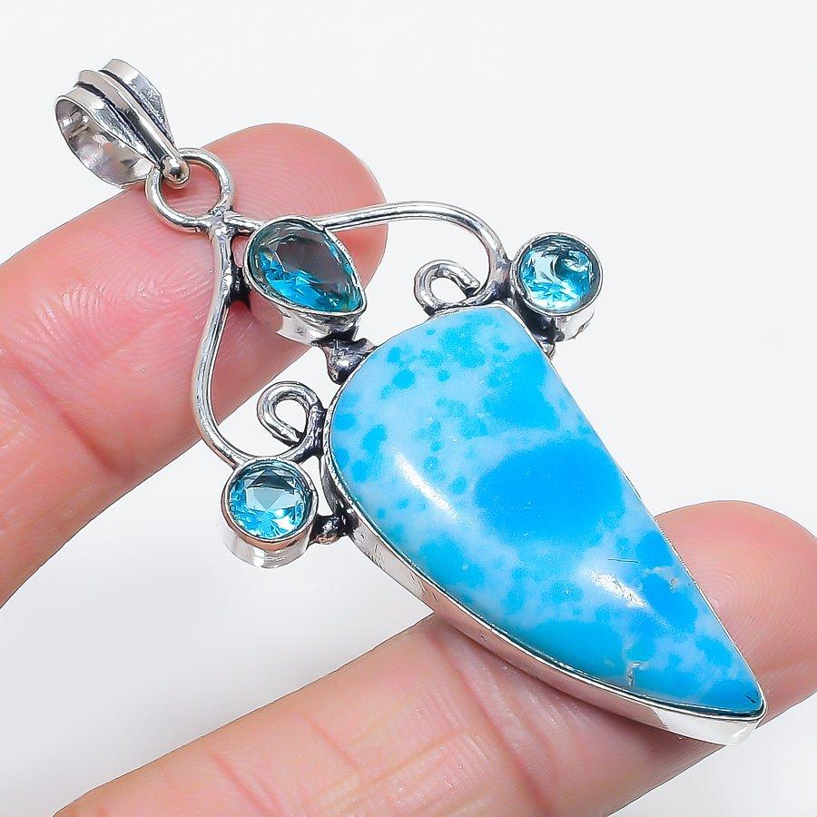Natural Larimar, Topaz Gemstone 925 Sterling Silver Jewelry Pendant 2.60" G9u64