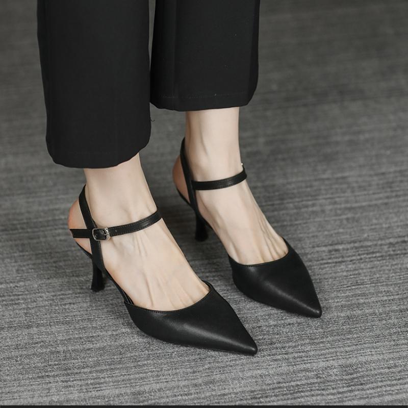 2024 Новые летние женские туфли, модные однотонные босоножки с острым носком и пряжкой на один ряд, на высоком каблуке-шпильке