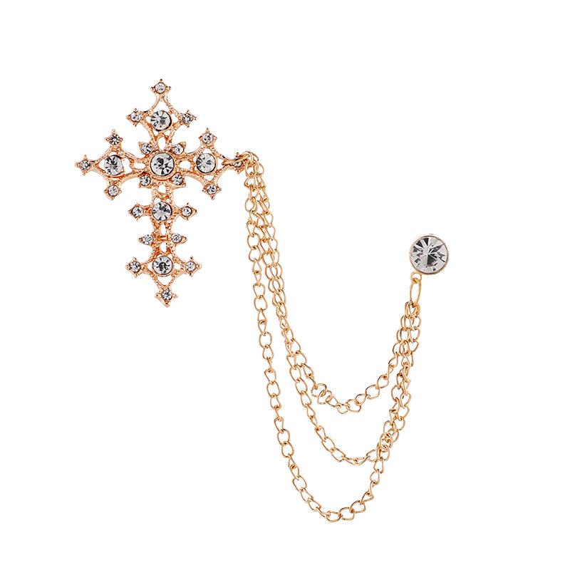 1PCS Cross Brooch Vintage Fashion Men High-end Tassel Chain Shirt Collar Lapel Pin Zircon Brooches Clothing Accessories Jewelry Gifts